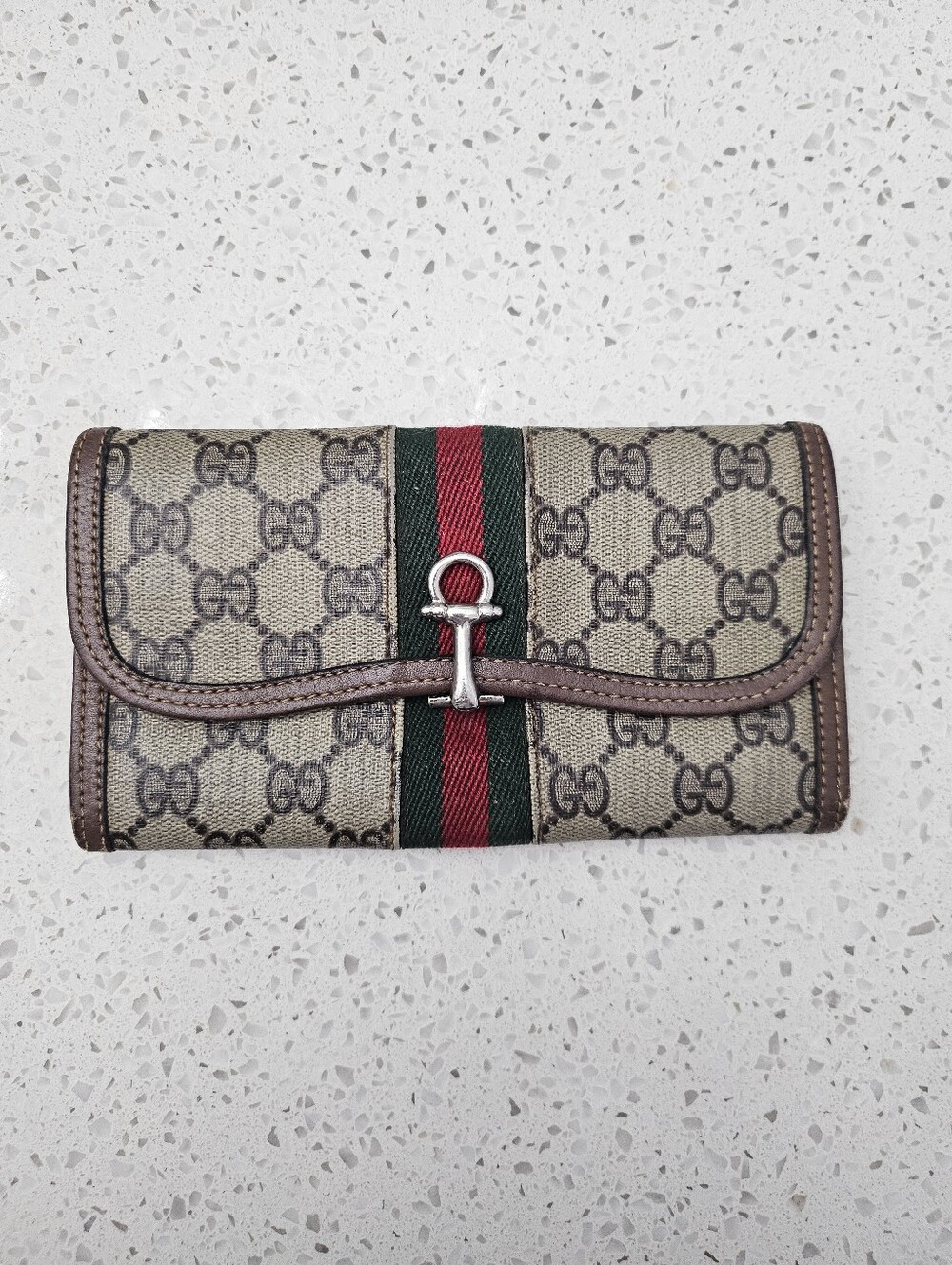 Gucci Beige Monogram Wallet with Red and Green Stripe